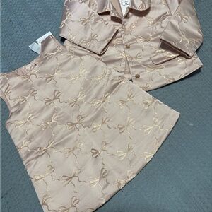 H&M Girls Pale Blush Pink Satin Dress & Jacket Set with Bow Embroidery